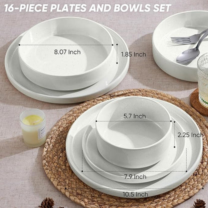 E-far 16-Piece Plates and Bowls Sets - Stoneware Dinnerware Sets with Pasta Bowls for 4 | Microwave & Dishwasher Safe Kitchen Modern Dish Set, Speckled White