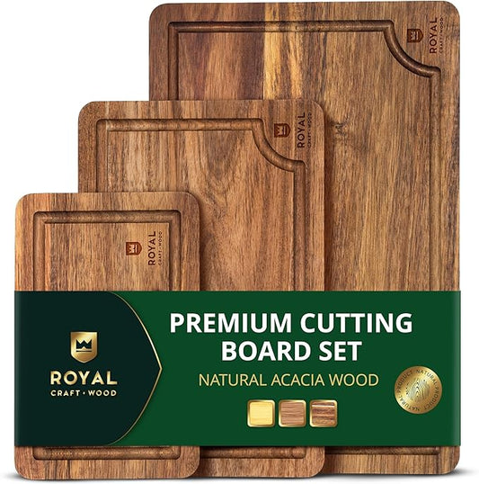 ROYAL CRAFT WOOD Acacia Wood Cutting Boards Set of 3 – Premium Wooden Cutting Boards for Kitchen Meal Prep & Serving - Charcuterie & Chopping Butcher Block for Meat with Deep Juice Groove Side Handles