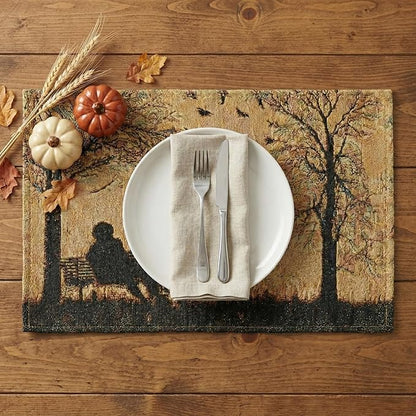 DaDalogy Farmhouse Rustic Dining Placemats - Set of 4 Tapestry Woven Cotton Halloween Kitchen Table Mats Fall Silhouette Decor - Family Cozy Cabin Orange Tan Black Decorative - 13” x 19”