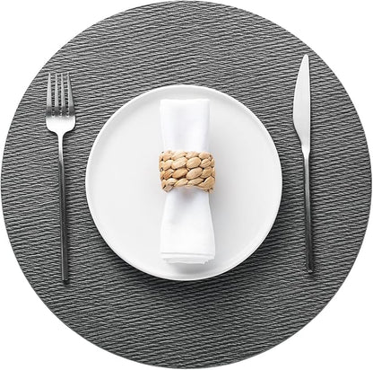 Jovono 15" Faux Leather Big Round Placemats Set of 6 - Washable Heat Resistant Non-Slip Dining Table Mats with Fabric Texture for Kitchen Home Party Decor, Gray