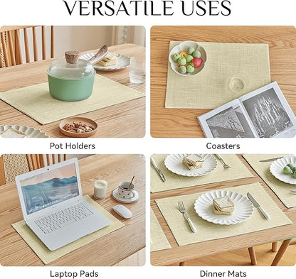 Softalker Faux Linen Placemats Set of 6-12 x 18 Inch, Heat Resistant Double Layered Durable Burlap Farmhouse Place Mats, Non-Slip Washable Rustic Table Mats for Dining, Kitchen, Party（Light Linen