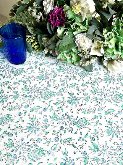 ATOSII Aster Blue 100% Cotton Round Tablecloth, Handblock Print Floral Table Cloth for Kitchen Dining Linen I Parties, Weddings, Outdoors, Easter, Spring Summer Decor I 72" Inches Round