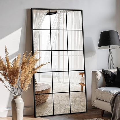 Large Window Pane Full Length Mirror for Wall, 55"x28" Black Rectangular Wall Mirror for Living Room, Bedroom, Entryway, Hanging or Leaning