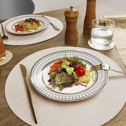 Jovono Round Leather Placemats for Round Tables Set of 8, White Place Mats and Coasters, Wipeable Waterproof Heat Resistant Table Mats Easy to Care for Indoor Decor 14 inch Diameter