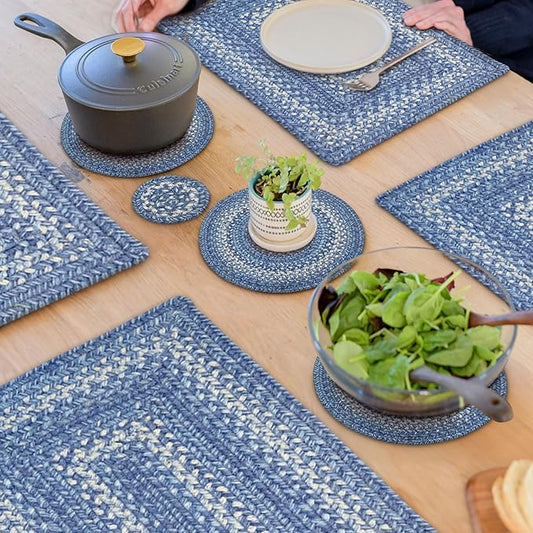 Homespice Denim Jute Braided Kitchen Trivets for Hot Dishes, Country Coastal Decor, Set of 6, Blue 8" Round Heat Resistant Mats - Rich Colors, Easy to Clean, Durable and Protects Furniture