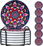 Mandala Drink Coasters, 6 Sets of Ceramic Boho Coaster for Drinks Absorbent with Holder, Reusable Drink Coaster for Colorful Decor(Purple Red), Thanksgiving and Housewarming Gifts(4 Inches)