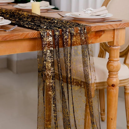 Snowkingdom 10 Pcs Black & Gold Cheesecloth Table Runner 10 FT, Sheer Chiffon - Image 7