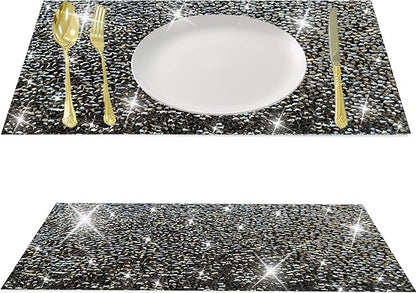 Black Square Placemats - Heat Resistant Mat Set of 4 with Rhinestone Decor and Sparkly Bling