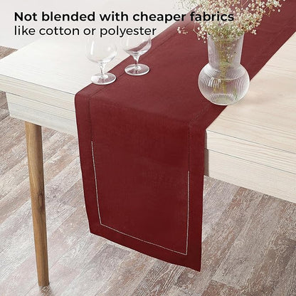 D'Moksha Homes Linen Dark Red Table Runner 72 Inches Long - 100% Pure Linen Hemstitch Table Runner 14 x 72 Inch for Dresser, Dining, Valentines, Spring - Classic Hemstitch