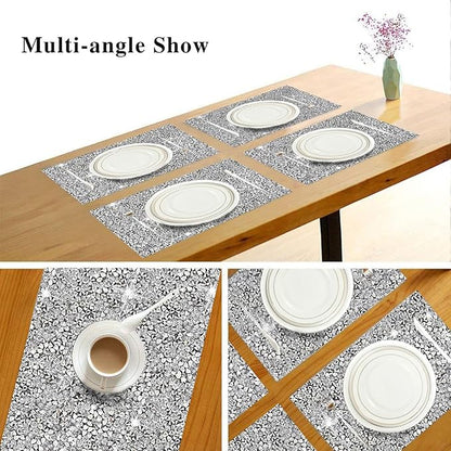 Silver Placemat Heat Resistant Square Trivet With Rhinestone Decor - Crushed Diamond Bling Sparkly Mat Set of 1