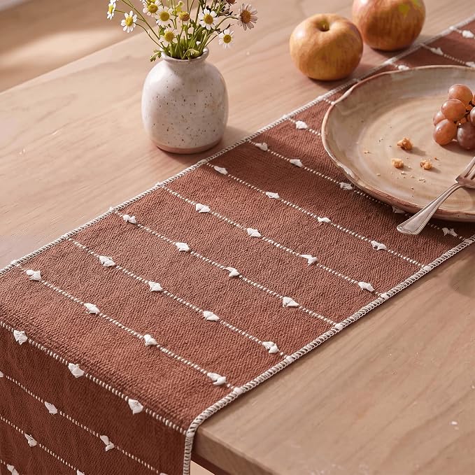 Artoid Mode Caramel Farbic Rustic Cotton Woven Table Runner, Farmhouse Fall - Image 7