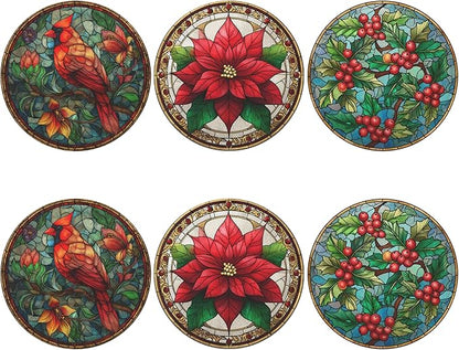 Christmas Bird Coasters Leather Round Drink Coasters 6 Pcs Set with Holderor for Cup Drink Coffee Table Bar Home Decor