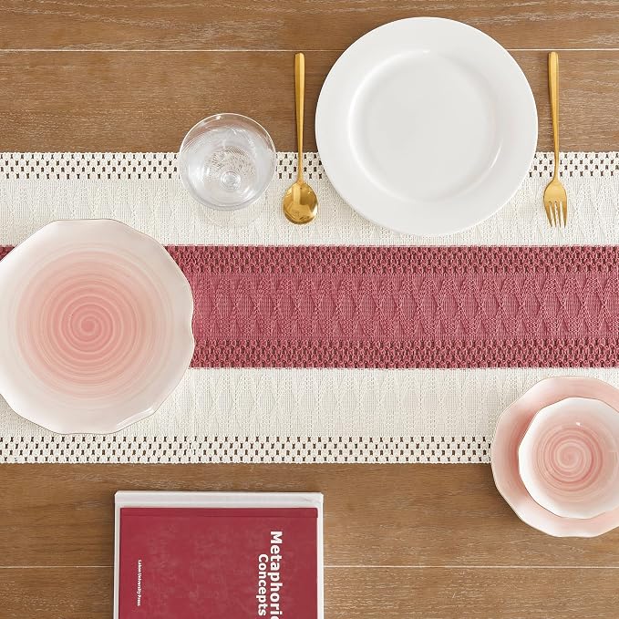 Macrame Style Bicolor Stitching Table Runner 14x48in Dusty Rose | Woven Boho - Image 4