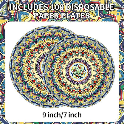 ZULYSTO 100PCS Boho Paper Plates (50×7 Inch & 50×9 Inch) – Disposable Plates, Vintage Bohemian Style Dessert Dinner Plates, Plate Set for Party Kitchen Decorative Birthday Wedding