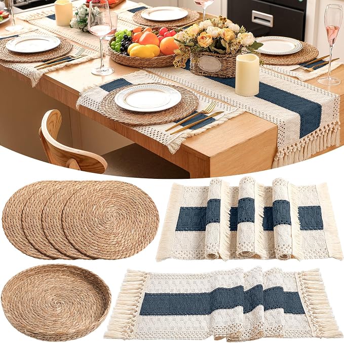 Boho Placemats 4/6/8 Set of Round Woven Placemat Macrame Style Bicolor by Gandeer