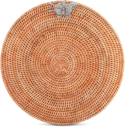 Vagabond House Round Wicker Placemats with Pewter Orchid Accent, Set of 4, 15.5 Inches Diameter - Hand-Woven Rattan, Elegant and Durable, Perfect for Enhancing Table Decor and Protection