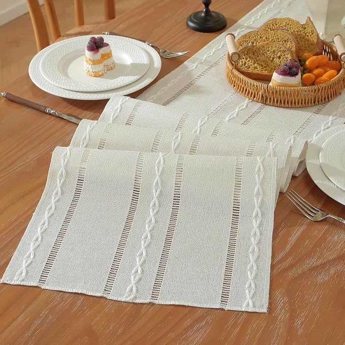 Boho Cotton Linen Beige Table Runner, Ivory Farmhouse Woven Table Runners by Niviy