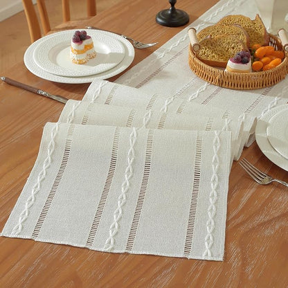 Boho Cotton Linen Beige Table Runner, Ivory Farmhouse Woven Table Runners by Niviy