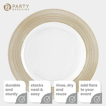 PARTY BARGAINS 13-Inch Charger Plates - 48 Pack, Clear Gold Textured Rim, Heavy-Duty Disposable Chargers for Elegant Dining - Ideal for Weddings and Formal Events