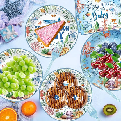 96 Pcs Sea You Soon Baby Shower Decorations, Ocean Theme Plates Napkins Forks - Image 5