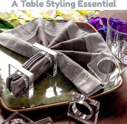CLEENTABLE Acrylic Set of 12 Square Beveled Napkin Ring - Cloth Napkin Rings Serviette Buckles for Wedding, Birthday, Banquet, Table Décor, Home Décor, Gifting (Transparent)