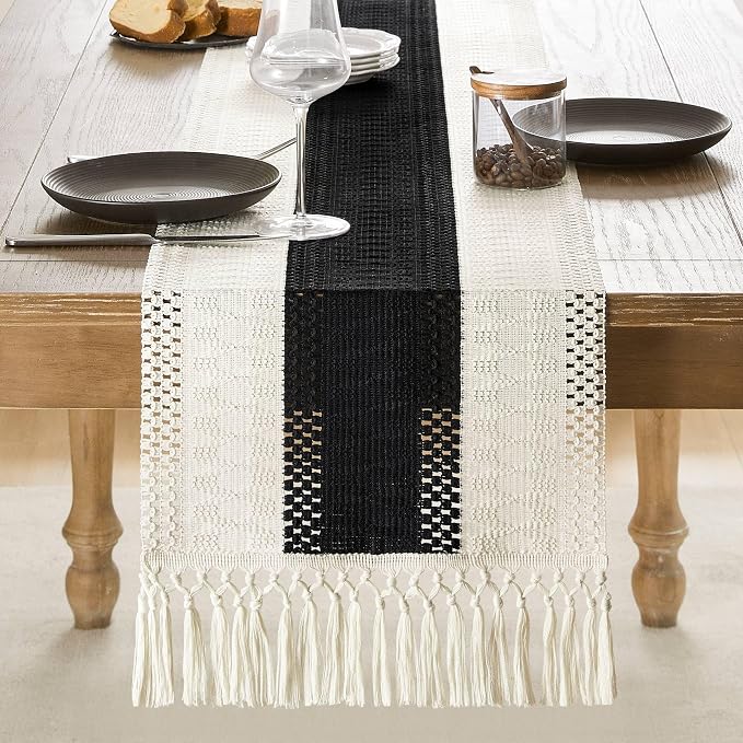 Macrame Style Bicolor Stitching Table Runner 14x90in Black | Woven Boho Table - Image 2