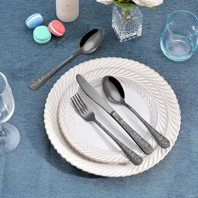 Runfly Vintage Carved Black Stainless Steel 20-Piece Flatware Set | Silverware - Image 6