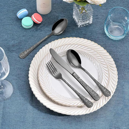 Runfly Vintage Carved Black Stainless Steel 20-Piece Flatware Set | Silverware - Image 6