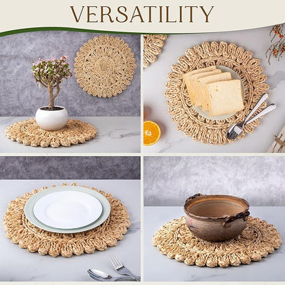 15" Corn Husk Woven Round Placemats Set of 6 - Wicker Boho Farmhouse Placemats - Rattan Table Mats Like Water Hyacinth for Dining Table, Wedding, Home