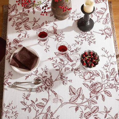 ISAENNE Designer Vintage Linen Extra Long Rectangle Tablecloth,Red Floral Pattern Linen Stain Resistant Table Cloth,Decor Tablecloths for Dining Thanksgiving Kitchen Party,63"*110"-Harmony