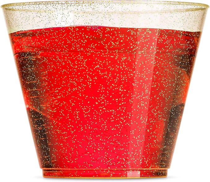 100 Glitter Plastic Cups - 9 Oz Clear Plastic Cups Old Fashioned Tumblers -Gold - Image 4