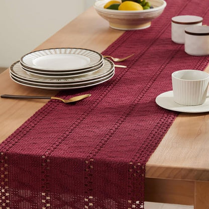Macrame Style Boho Table Runner, 12x36 Inch Burgundy | Woven Boho Table Runner - Image 5