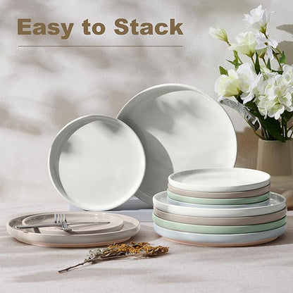 LIANYU Stoneware Dinner Plates Set of 6, 7.75’’ Ceramic Salad Plates for Dessert, Appetizer, Salad, Steak, Pizza, Round Serving Dishes for Kitchen, Microwave, Oven & Dishwasher Safe, Fog Green