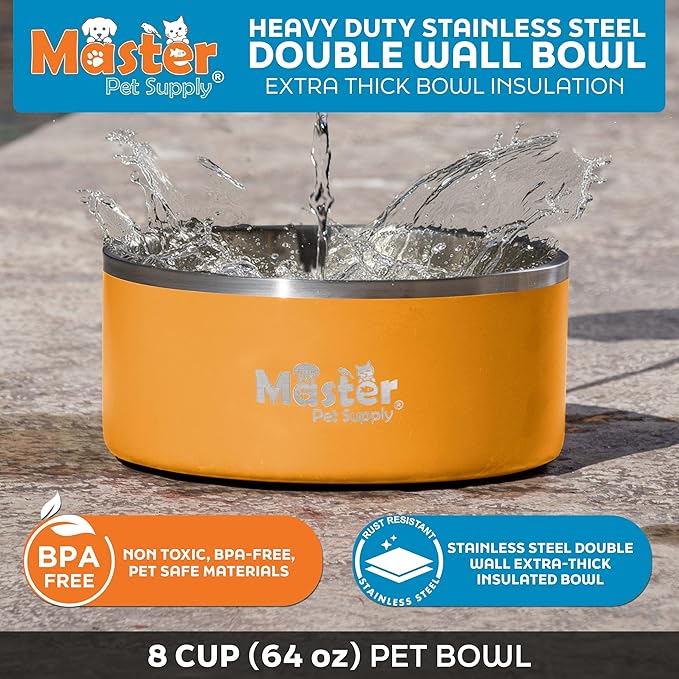 Master Pet Supply Stainless Steel Dog Bowls - 64 oz, Heavy Duty - Mango Tango, Double Wall Extra-Thick Insulated, Non-Slip Pet Water Bowl for Dogs, Cats & Pets, Anti Rust Metal, Dish Washer Safe