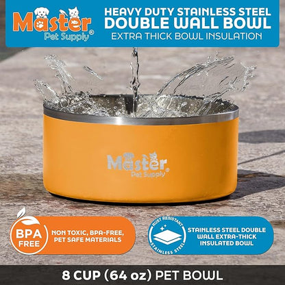 Master Pet Supply Stainless Steel Dog Bowls - 64 oz, Heavy Duty - Mango Tango, Double Wall Extra-Thick Insulated, Non-Slip Pet Water Bowl for Dogs, Cats & Pets, Anti Rust Metal, Dish Washer Safe