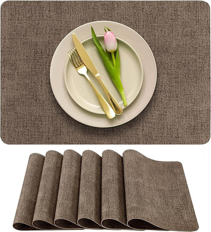 More Décor Faux Leather Placemats Set of 6 for Dining Table – Waterproof, Wipeable, Washable, Stain & Heat Resistant, Non-Slip Table Mats – 12 X 17 Inch, Brown