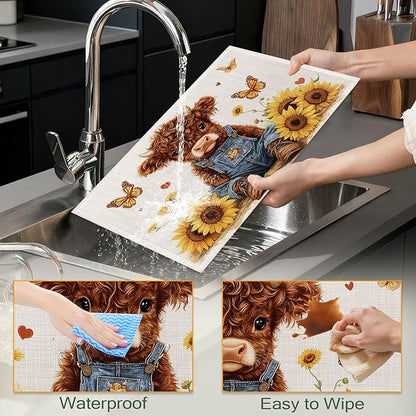 Cute Highland Cow Table Placemats Set of 6,Non-Slip Rustic Sunflower Butterfly Fabric Placemats for Dining Room Kitchen Party Holiday, Indoor Cloth Table Mats for Home Decor 11.8x17.7 Inch