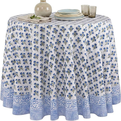 ATOSII Gulbahar Blue 100% Cotton Fall Round Tablecloth, Handblock Print Floral Table Cloth for Kitchen Dining Linen I Thanksgiving, Christmas, Weddings, Outdoors, Parties I 60" Inches I 4 Seater Table