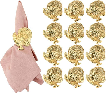 ALPHA Living HOME Turkey Napkin Rings Set of 12 for Thanksgiving Table Decor | Premium Metal Dinnerware Holders | Fall Harvest, Christmas & Holiday Banquet Accessories (Gold)