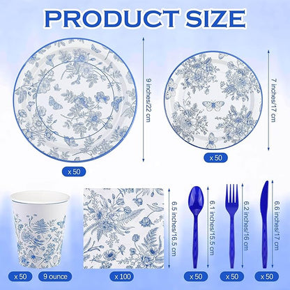 Kochorie 400 Pieces Blue and White Flower Disposable Party Tableware Sets Including Plates Cups Napkins Cutlery Serves 50 for Wedding Birthday Baby Shower Party Decorations