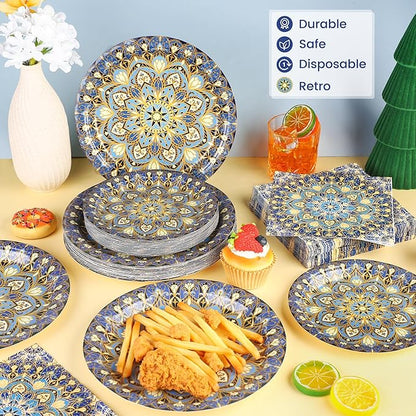 Kochorie 100 Pieces Bohemian Style Paper Plates and Napkins Set Vintage Bohemian Decorative Paper Plates (25 x 7 Inch & 25 x 9 Inch) Boho Tableware Set for Daily Use Party Kitchen Wedding Decor