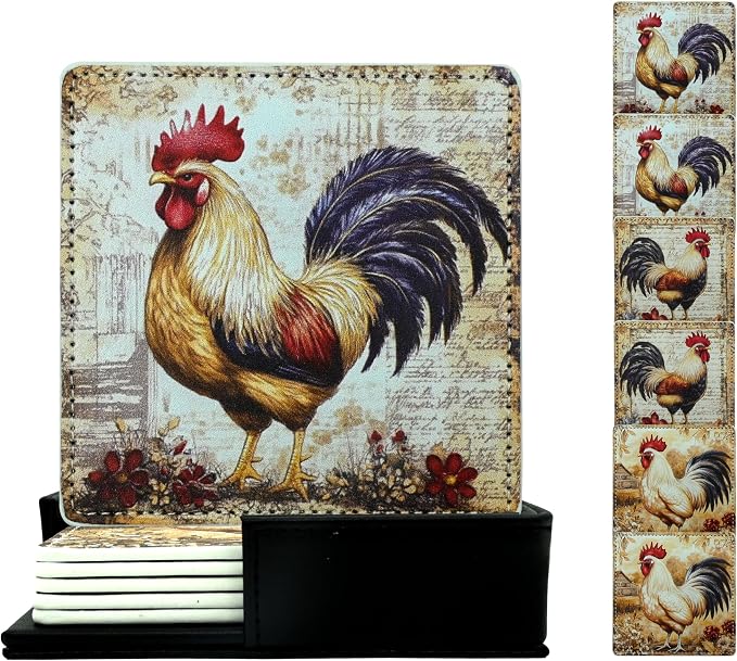 Rooster Coasters Square Leather Drinks Coaster Set by Yopiiefa