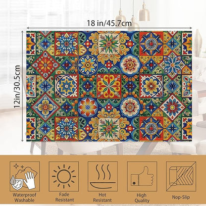Mexican Tile Placemats Set of 6,Geometric Floral Table Mates Non-Slip Heat Resistant Washable Linen Place Mats for Party Kitchen Dining Decoration Indoor Outdoor 12"x18"