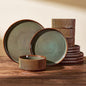 Stoneware Dinnerware Set for 4, Handmade Ribbed Dishes, Everyday Use, Microwave by FamiwarePremium