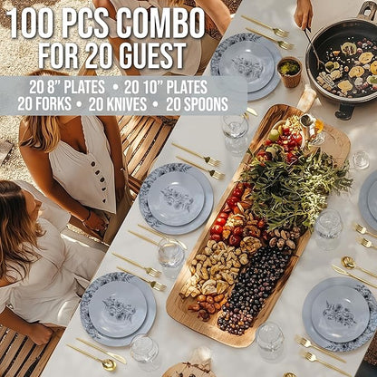 Trendables Fancy Plastic Dinnerware Sets 100 Pc 20 Guests Gold Silverware Disposable 20 X 10 Inch Charger Plates 20 X 8 Inch Dessert Plates 20 x Gold Plastic Forks and Spoons Knives In Dandelion Bloom