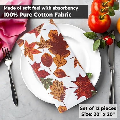 Urban Villa Cloth Napkins Set of 12 (20x20)100% Cotton Napkins Cloth Washable Durable Reusable Absorbent Table Dinner Napkins Cloth for Farmhouse Party Hotel Lunch Restaurant Everyday Use-Leaves Print