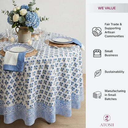 ATOSII Gulbahar Blue 100% Cotton Fall Round Tablecloth, Handblock Print Floral Table Cloth for Kitchen Dining Linen I Thanksgiving, Christmas, Weddings, Outdoors, Parties I 90" Inches Diameter
