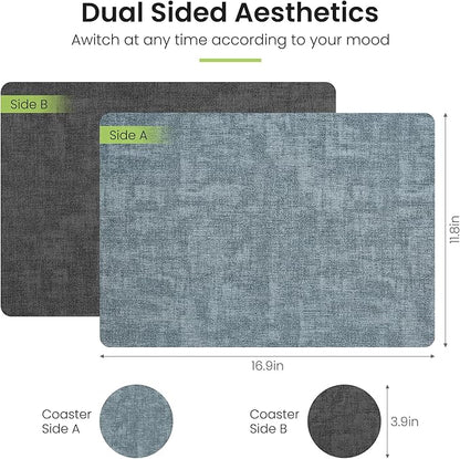 Placemats Set of 6, Faux Leather Heat Resistant Wipeable Placemats, Dual Sided Waterproof Washable Table Mats with Coaster, Suitable for Kitchen, Dining, Table Decor (6, Black Light Blue)