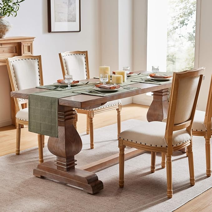 Linen Checked Farmhouse Table Runner, 13x72 Inches Olive | Raised Grid Design - Image 3