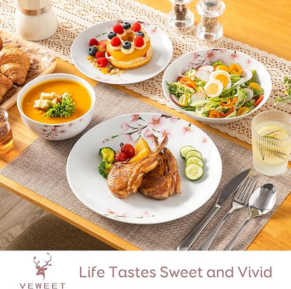 VEWEET Dinnerware Sets for 6, 24 Pieces Porcelain Plates and Bowls Set with Pink Floral, Classic Dishes Set Dining Ware for Dinner, Microwave Dishwasher Safe, Series ANNIE